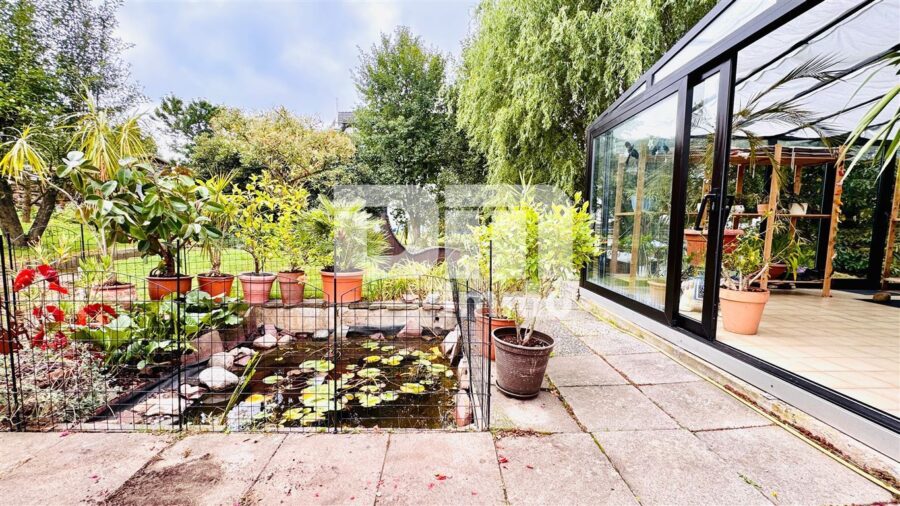 Modernisiertes Einfamilienhaus mit Einliegerwohnung, Wintergarten, Sauna und 2 Garagen - Terrasse / Gartenteich